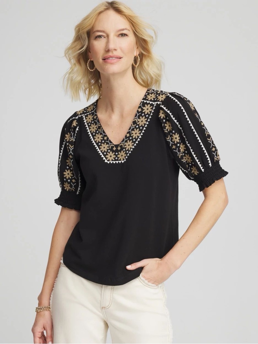 Chico’s Embroidered Smocked-Sleeve Tee
